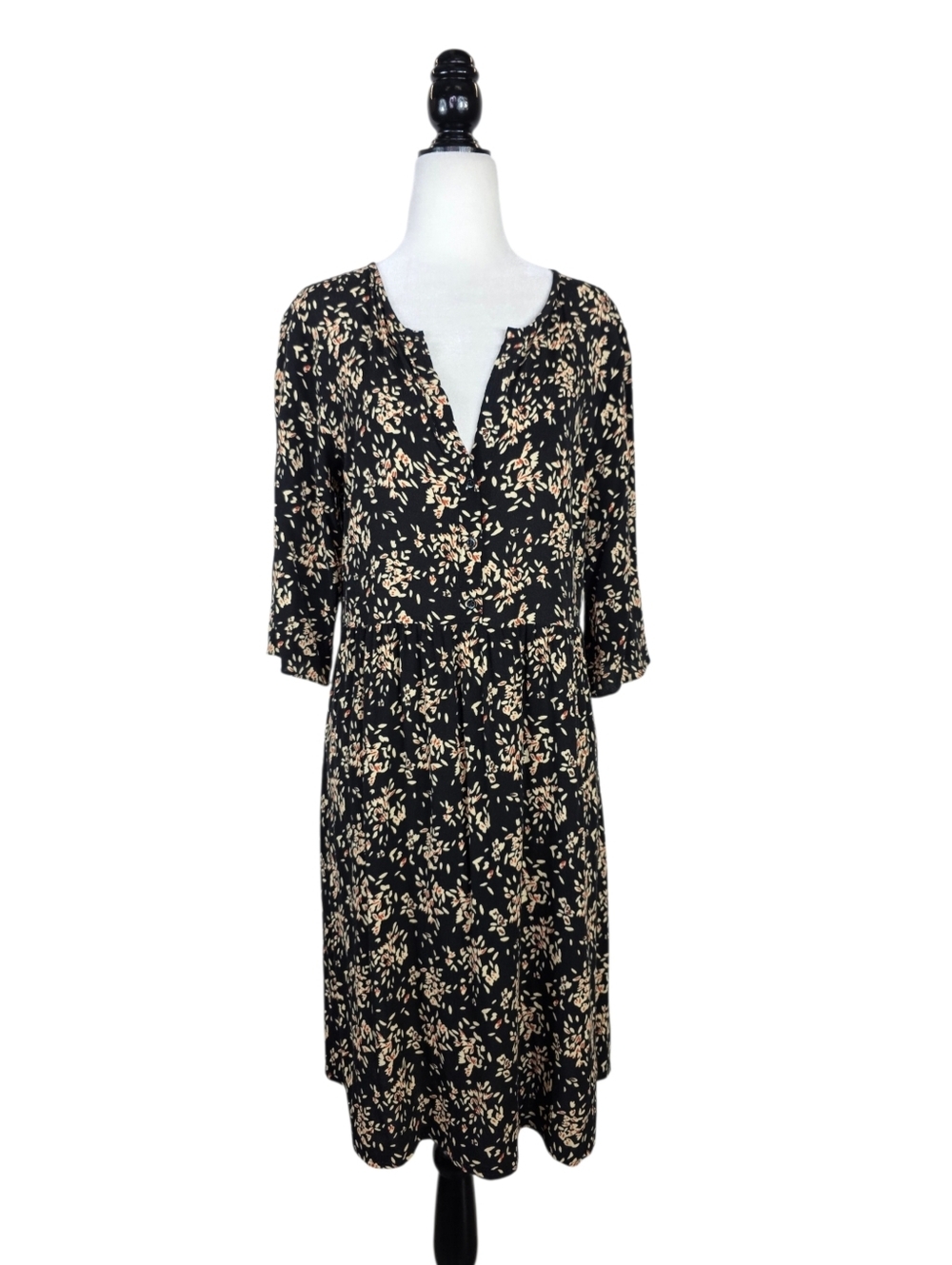 ba&sh V neck abstract Black Midi Dress with Beige Floral Print